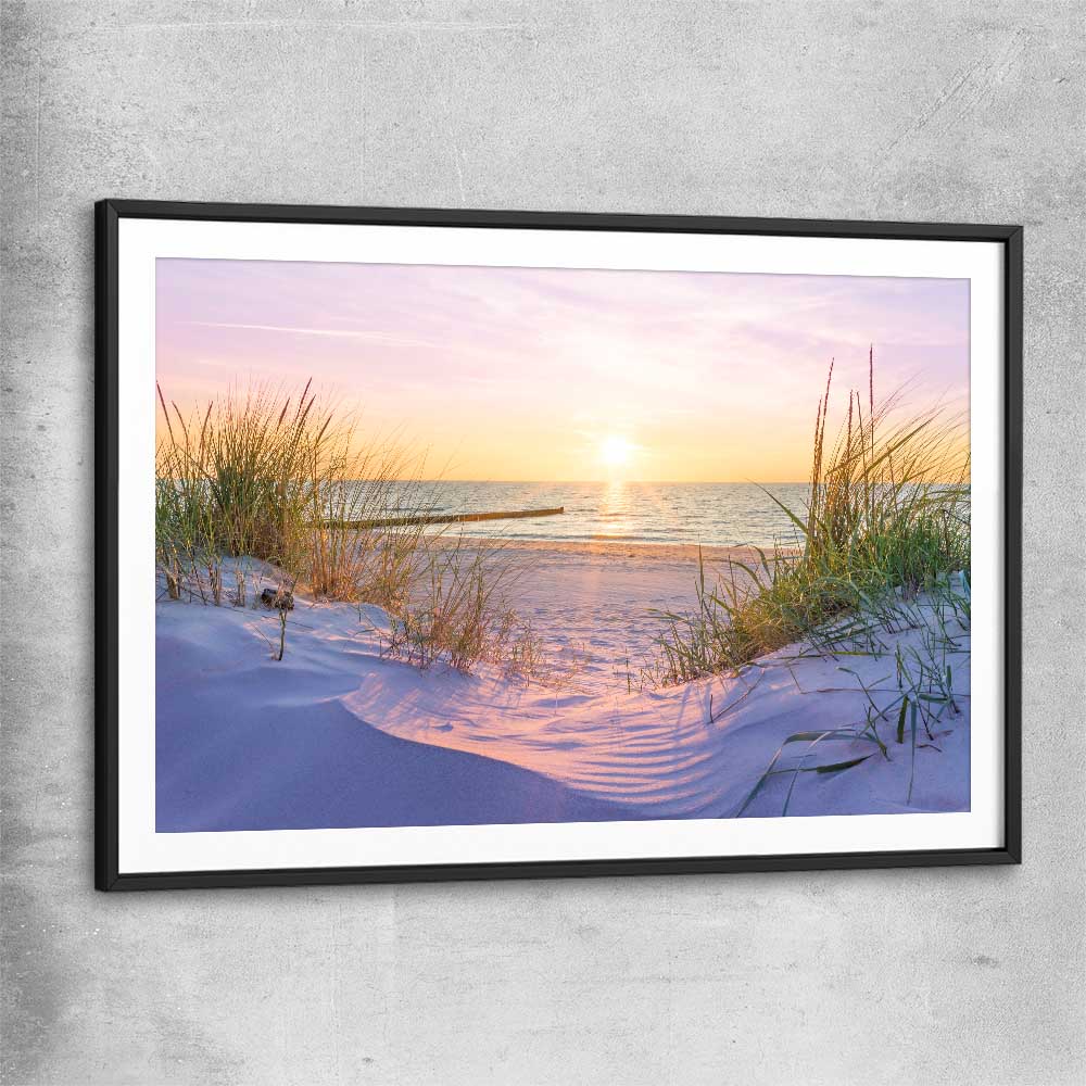 Beach and coastal wall art print of Pristine Beach Sunset with black glass front frame