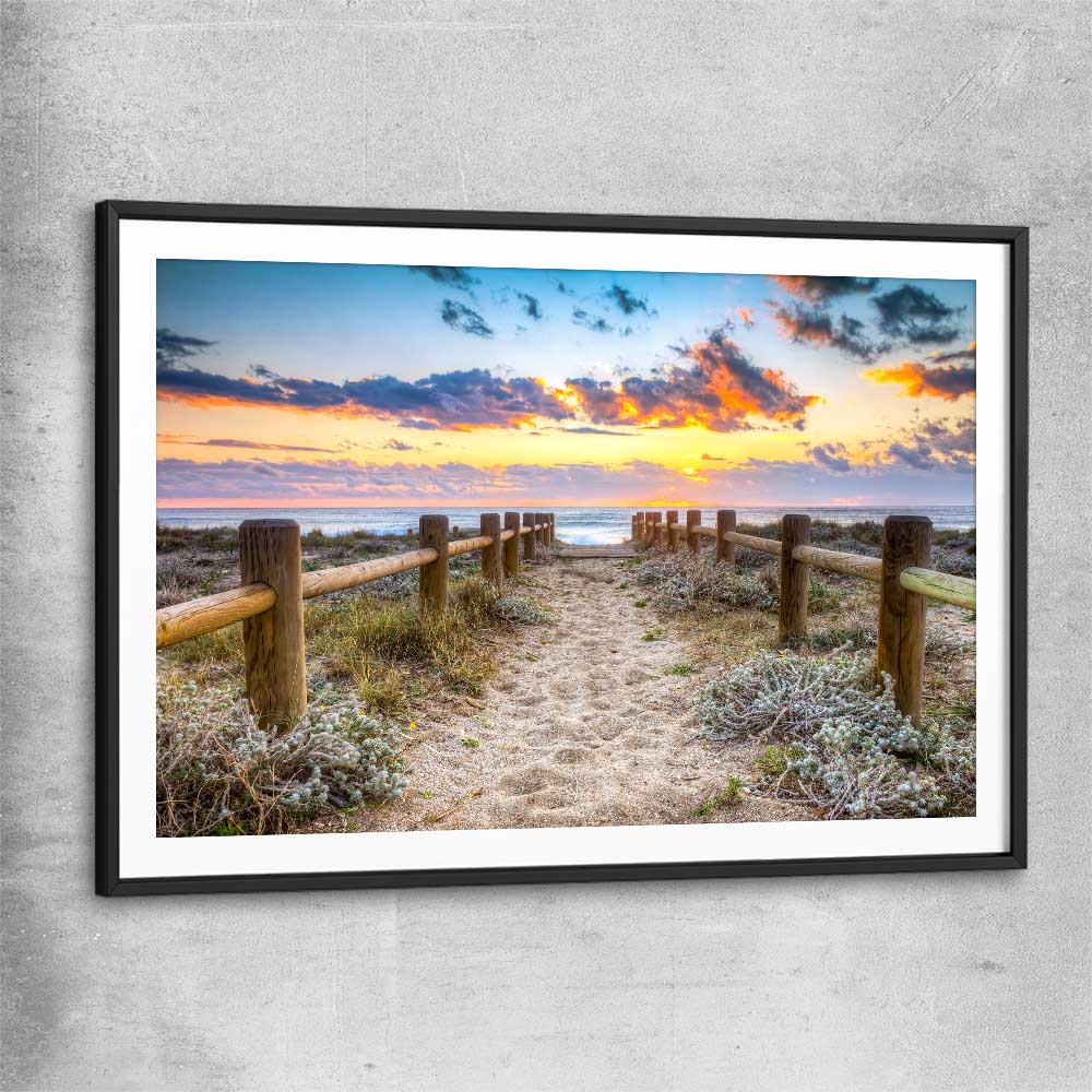 Beach and coastal wall art print of Quiet Sunset Walk with black glass front frame