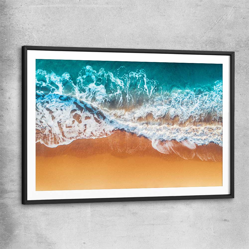 Beach and coastal wall art print of Sandy Waves with black glass front frame