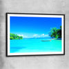 Beach and coastal wall art print of Serene Island Waters with black glass front frame