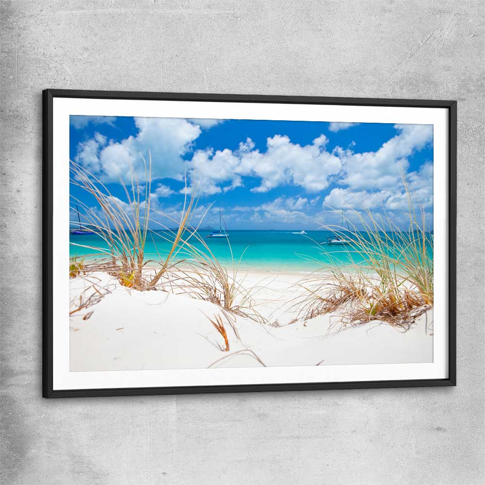 Beach and coastal wall art print of Serene Whitehaven Beach with black glass front frame
