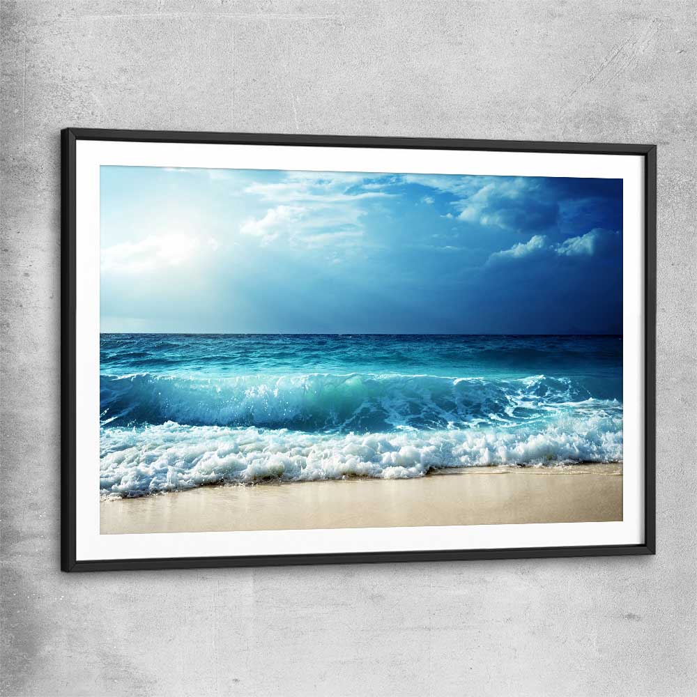 Beach and coastal wall art print of Seychelles Beach Waves with black glass front frame