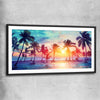 Beach and coastal wall art print of Sunset Palm Glow with black glass front frame