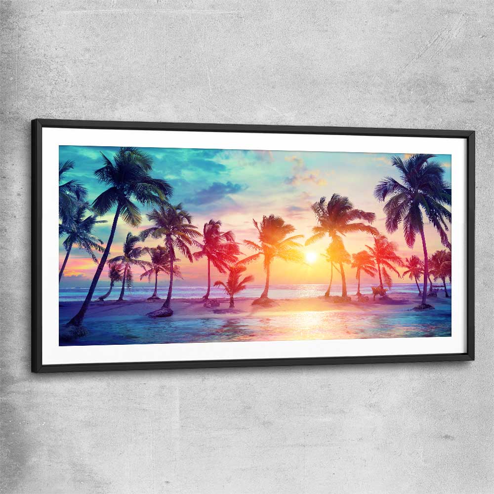 Beach and coastal wall art print of Sunset Palm Glow with black glass front frame