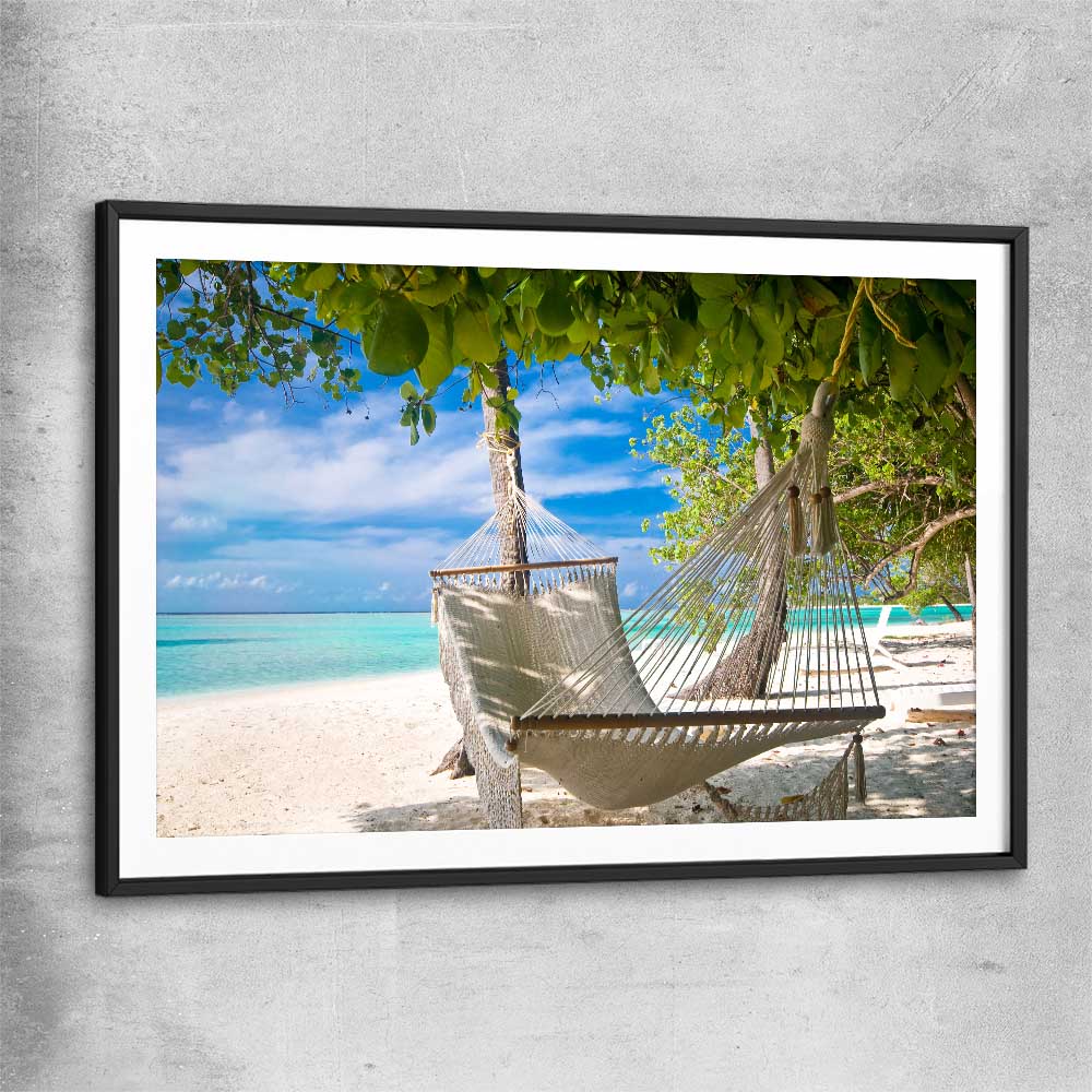 Beach and coastal wall art print of Tropical Bliss with black glass front frame