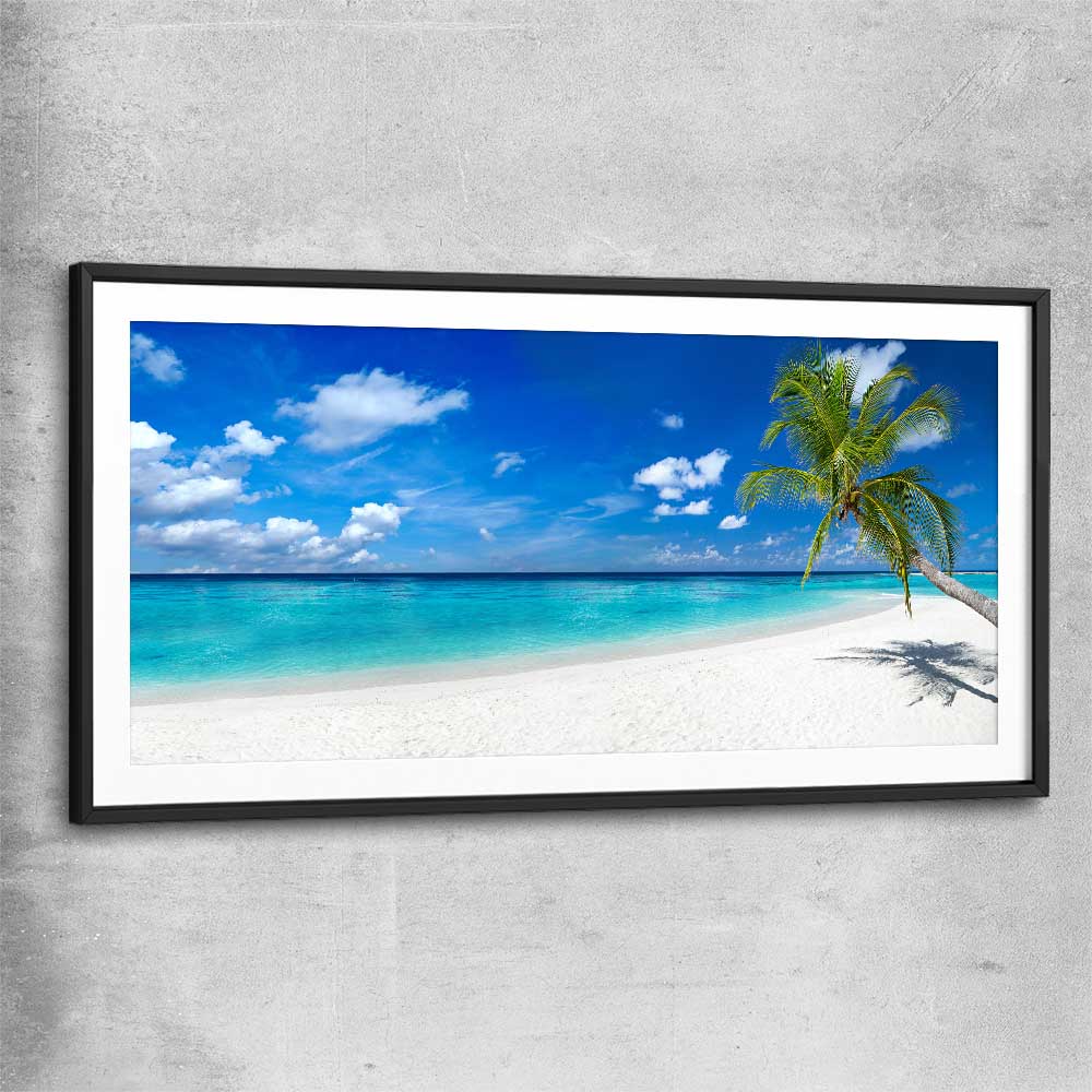 Beach and coastal wall art print of Tropical Escape with black glass front frame