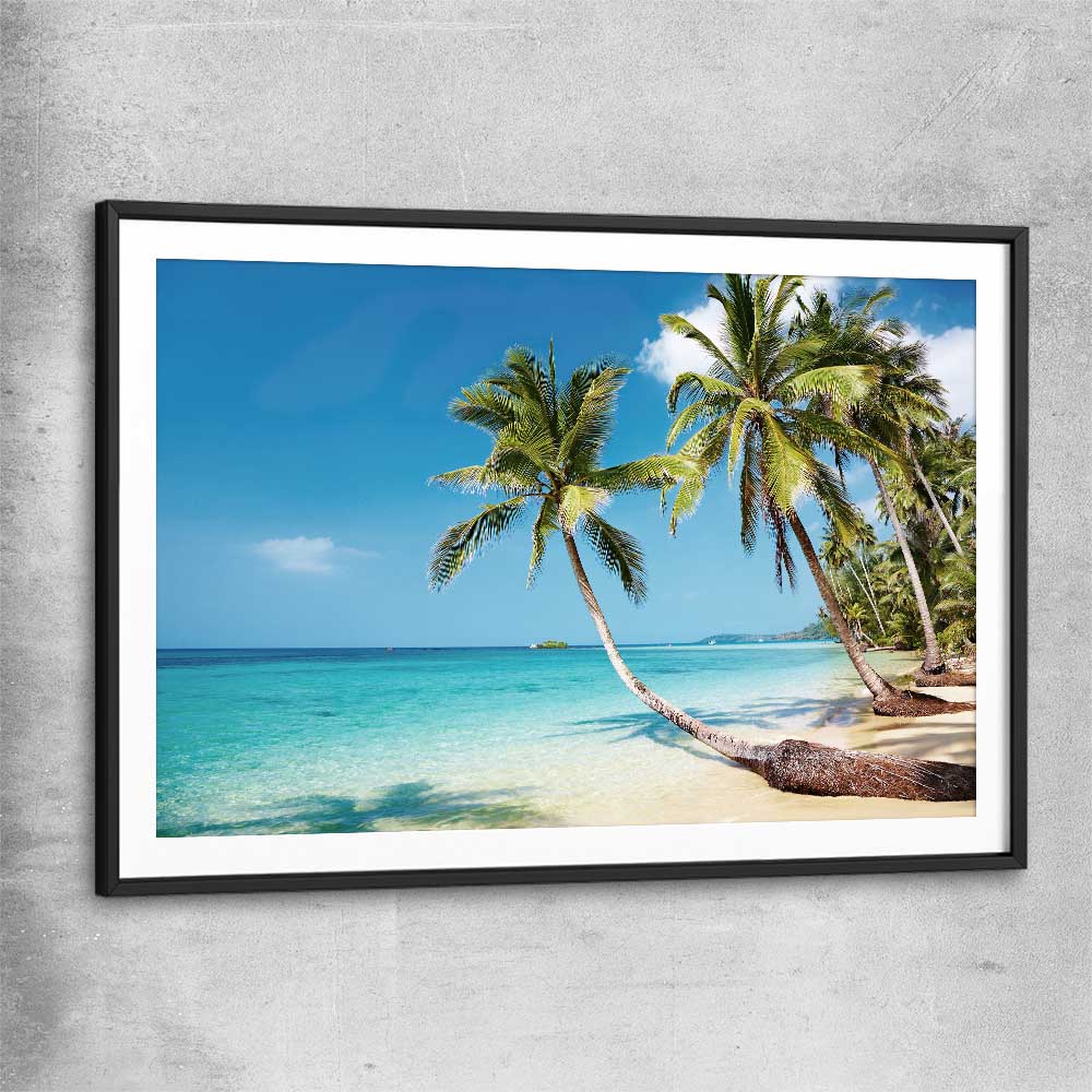 Beach and coastal wall art print of Tropical Paradise with black glass front frame