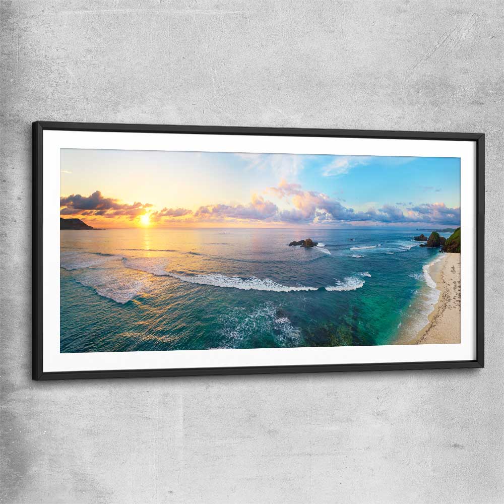 Beach and coastal wall art print of Tropical Surfers Beach with black glass front frame