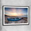 Beach and coastal wall art print of Vintage Fishing Boat with black glass front frame