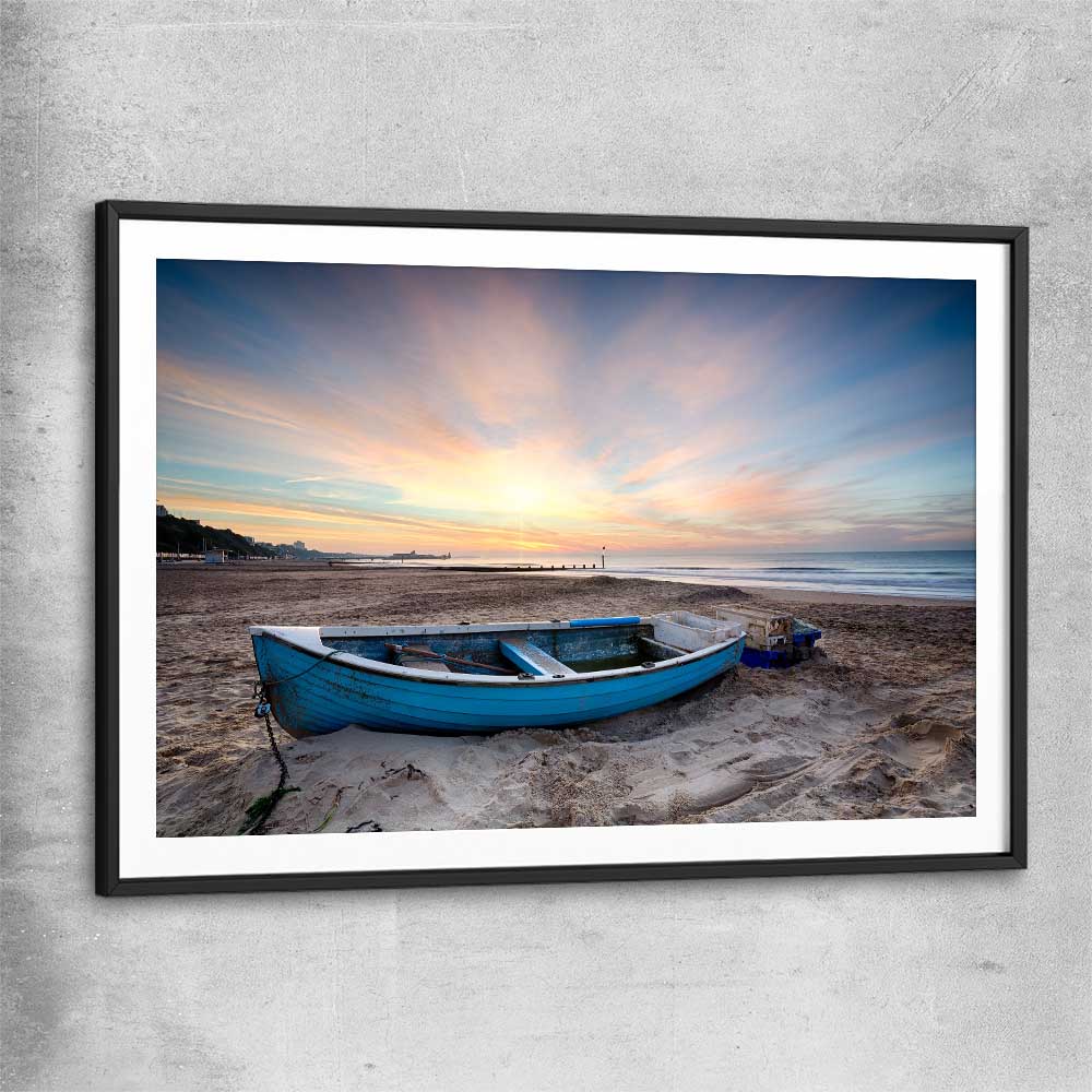 Beach and coastal wall art print of Vintage Fishing Boat with black glass front frame