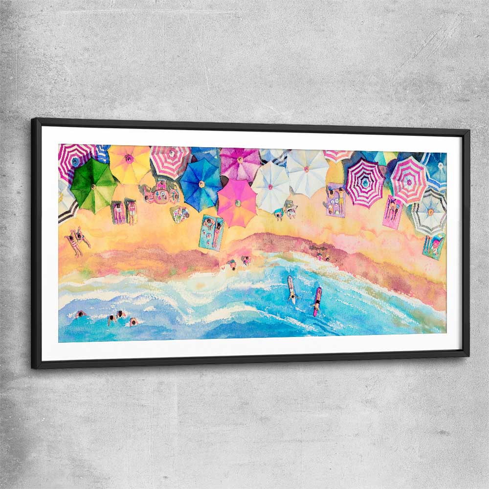 Beach and coastal wall art print of Watercolour Beachscape with black glass front frame