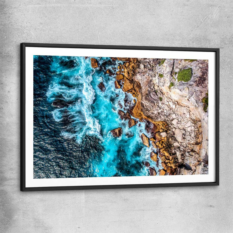 Beach and coastal wall art print of Watsons Bay Waves with black glass front frame