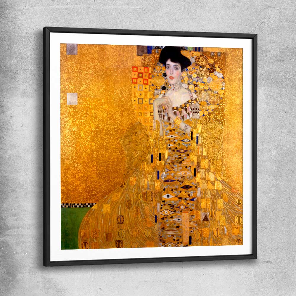Classic wall art and canvas print of Adele Bloch-Bauer I Gustav Klimt with black glass front frame
