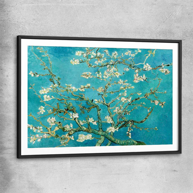 Classic wall art and canvas print of Almond Blossom Van Gogh with black glass front frame