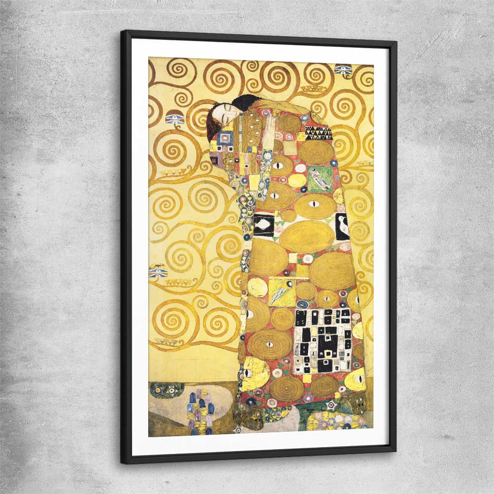 Classic wall art and canvas print of Fulfillment Gustav Klimt with black glass front frame