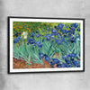 Classic wall art and canvas print of Irises Van Gogh with black glass front frame