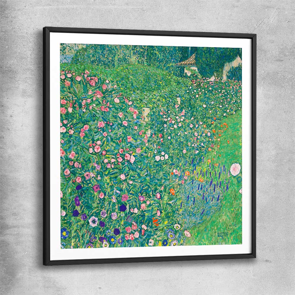 Classic wall art and canvas print of Italian Landscape Gustav Klimt with black glass front frame