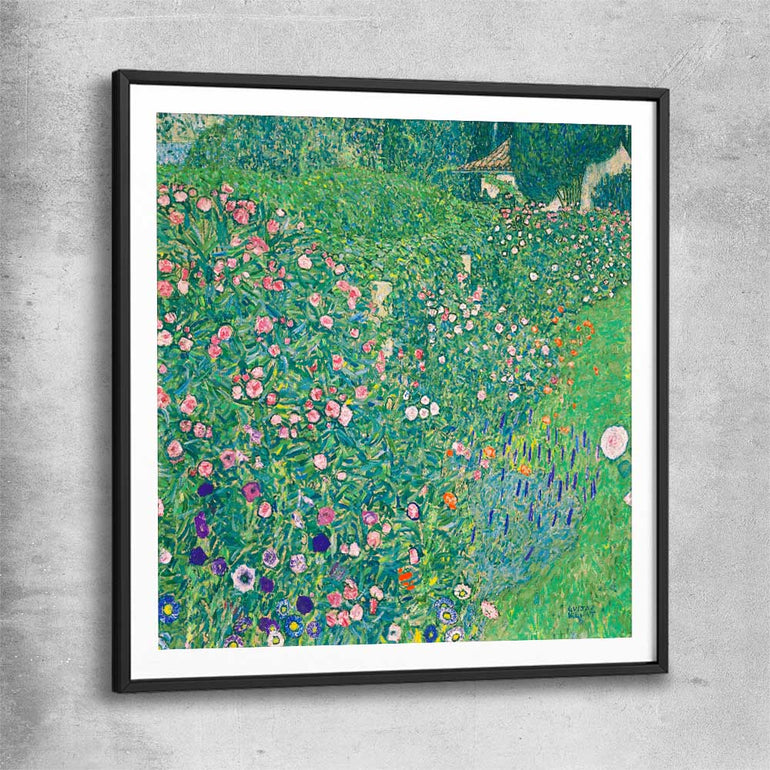 Classic wall art and canvas print of Italian Landscape Gustav Klimt with black glass front frame
