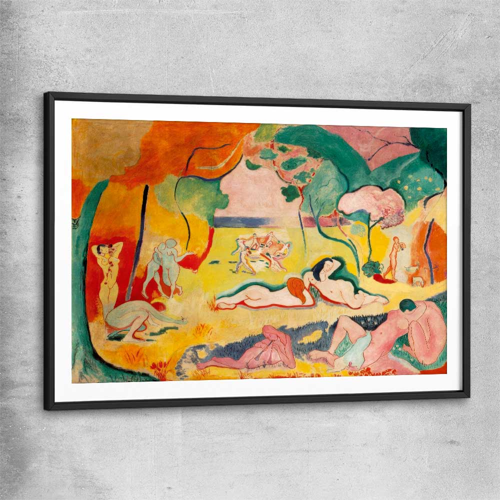 Classic wall art and canvas print of Joy of Life Henri Matisse with black glass front frame