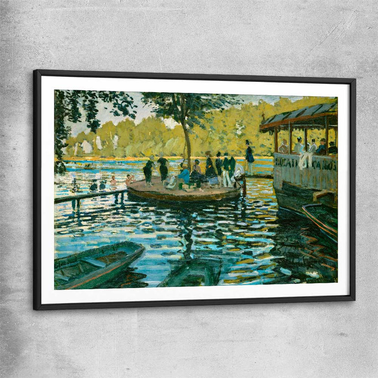 Classic wall art and canvas print of La Grenouillere Claude Monet with black glass front frame