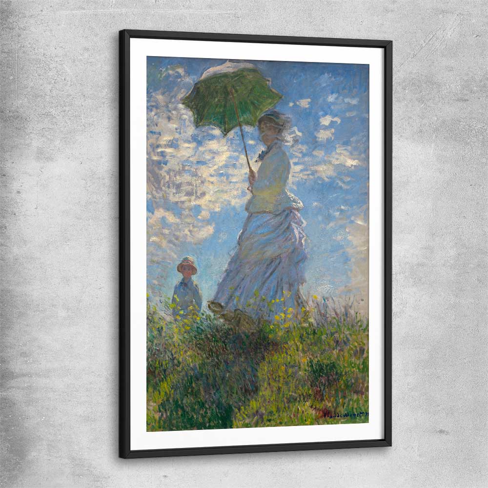 Classic wall art and canvas print of Madame Monet Claude Monet with black glass front frame