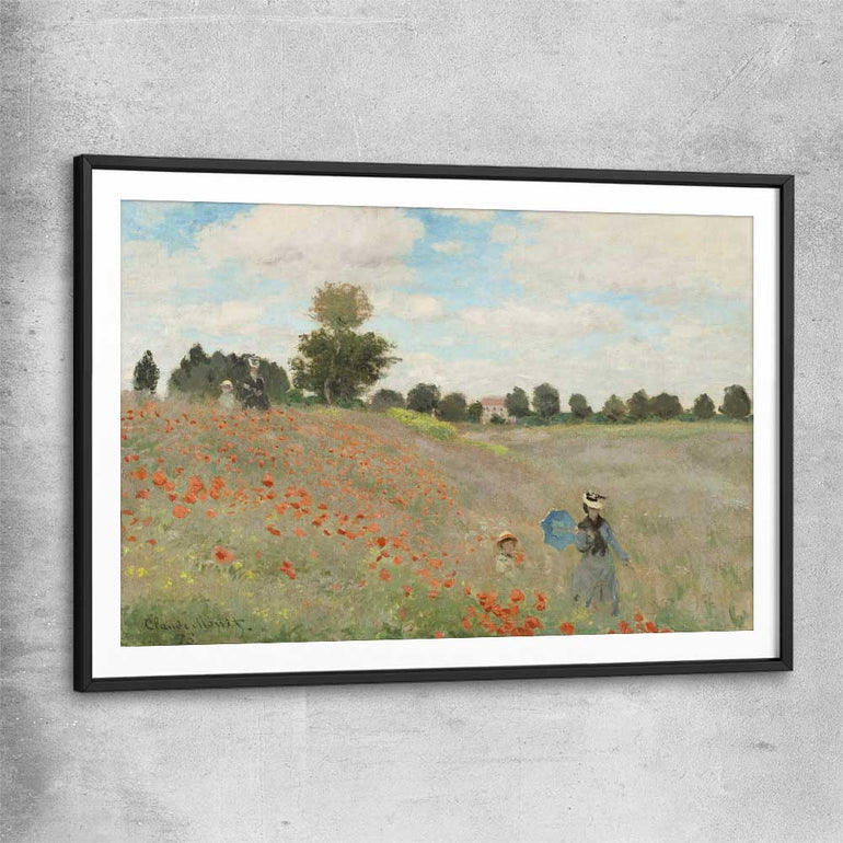 Classic wall art and canvas print of Poppy Field Claude Monet with black glass front frame