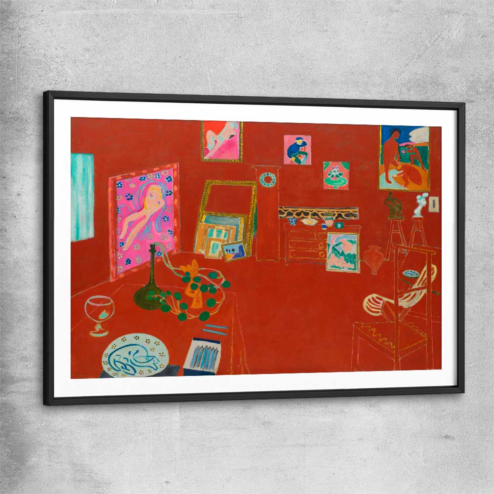 Classic wall art and canvas print of Red Studio Henri Matisse with black glass front frame