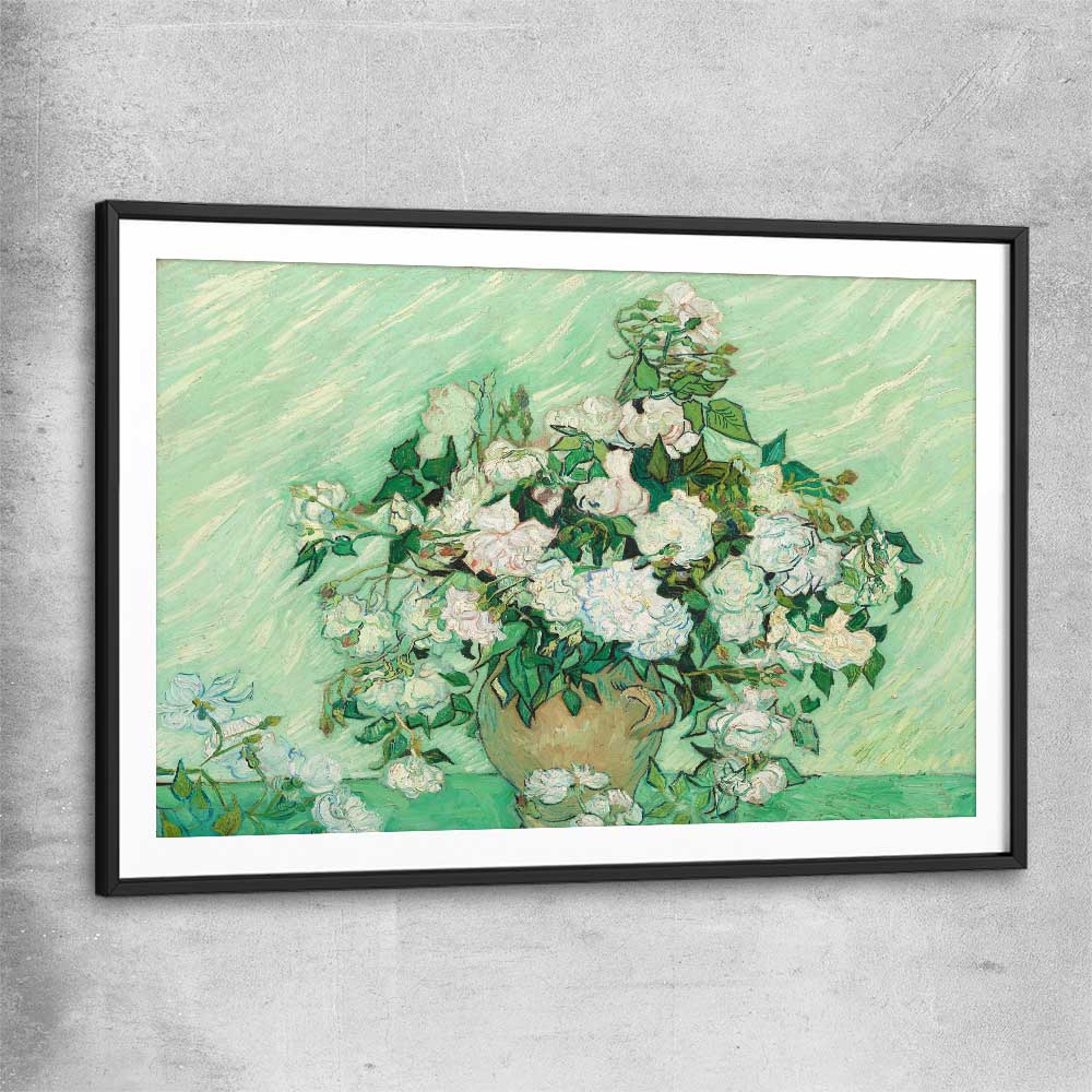 Classic wall art and canvas print of Roses Van Gogh with black glass front frame