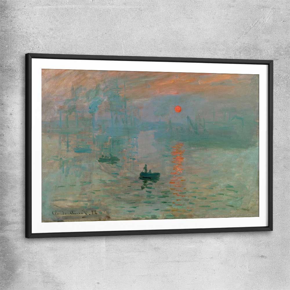 Classic wall art and canvas print of Sunrise Claude Monet with black glass front frame