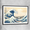 Classic wall art and canvas print of The Great Wave Hokusai with black glass front frame