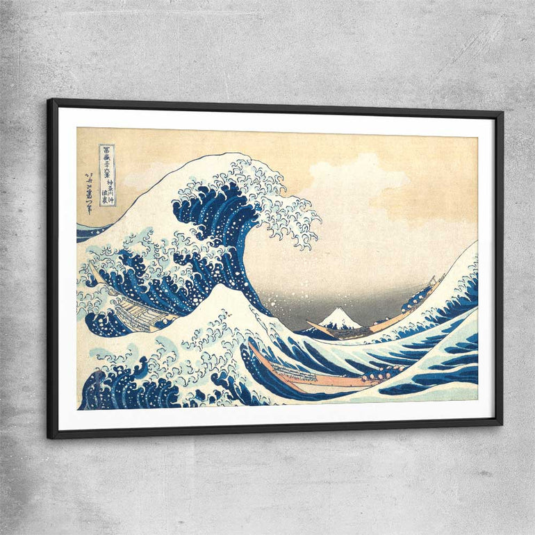 Classic wall art and canvas print of The Great Wave Hokusai with black glass front frame