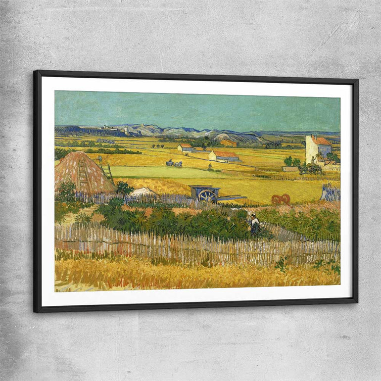 Classic wall art and canvas print of The Harvest Van Gogh with black glass front frame