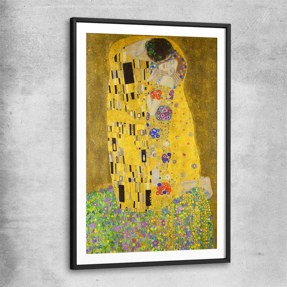 Classic wall art and canvas print of The Kiss Gustav Klimt with black glass front frame