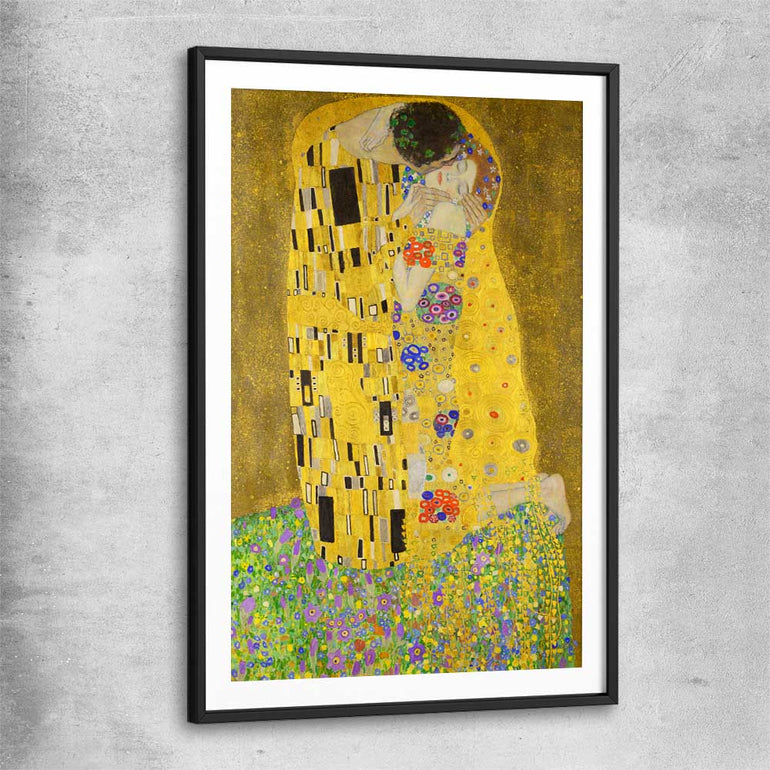 Classic wall art and canvas print of The Kiss Gustav Klimt with black glass front frame