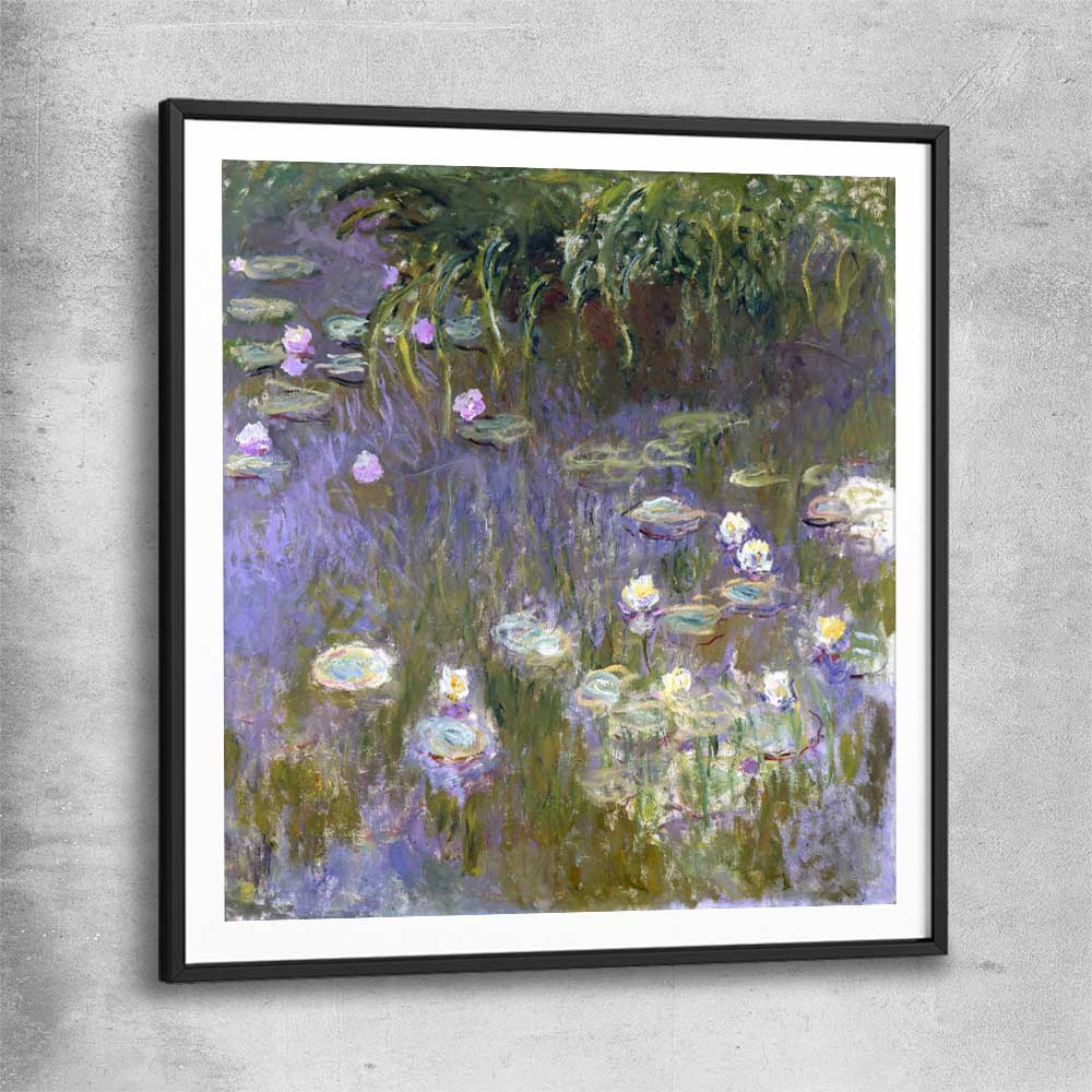 Classic wall art and canvas print of Water Lilies Claude Monet with black glass front frame