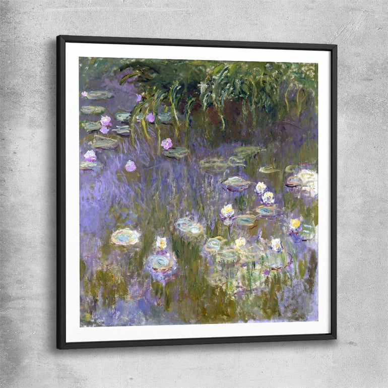 Classic wall art and canvas print of Water Lilies Claude Monet with black glass front frame