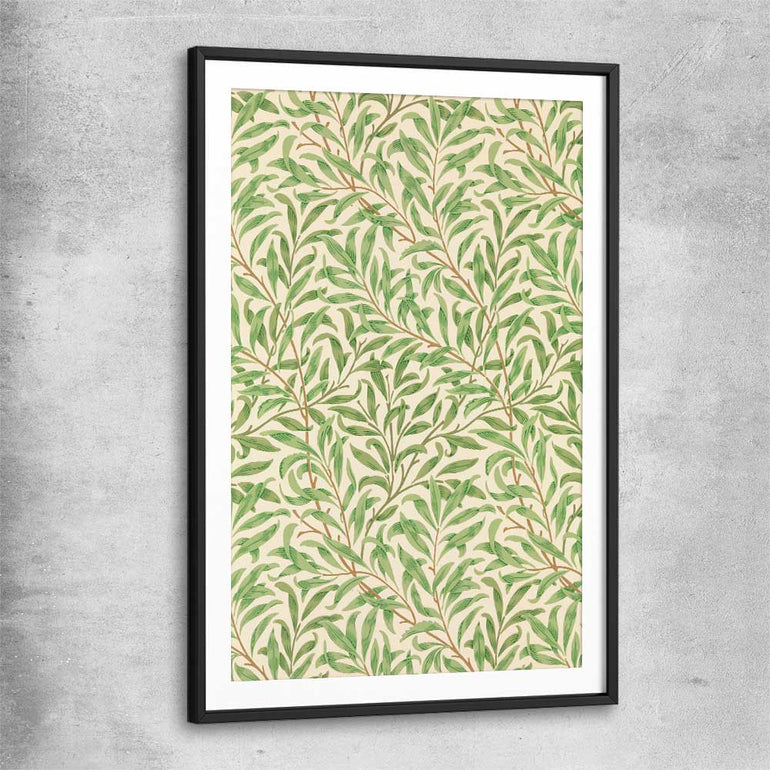 Classic wall art and canvas print of Willow Bough William Morris with black glass front frame