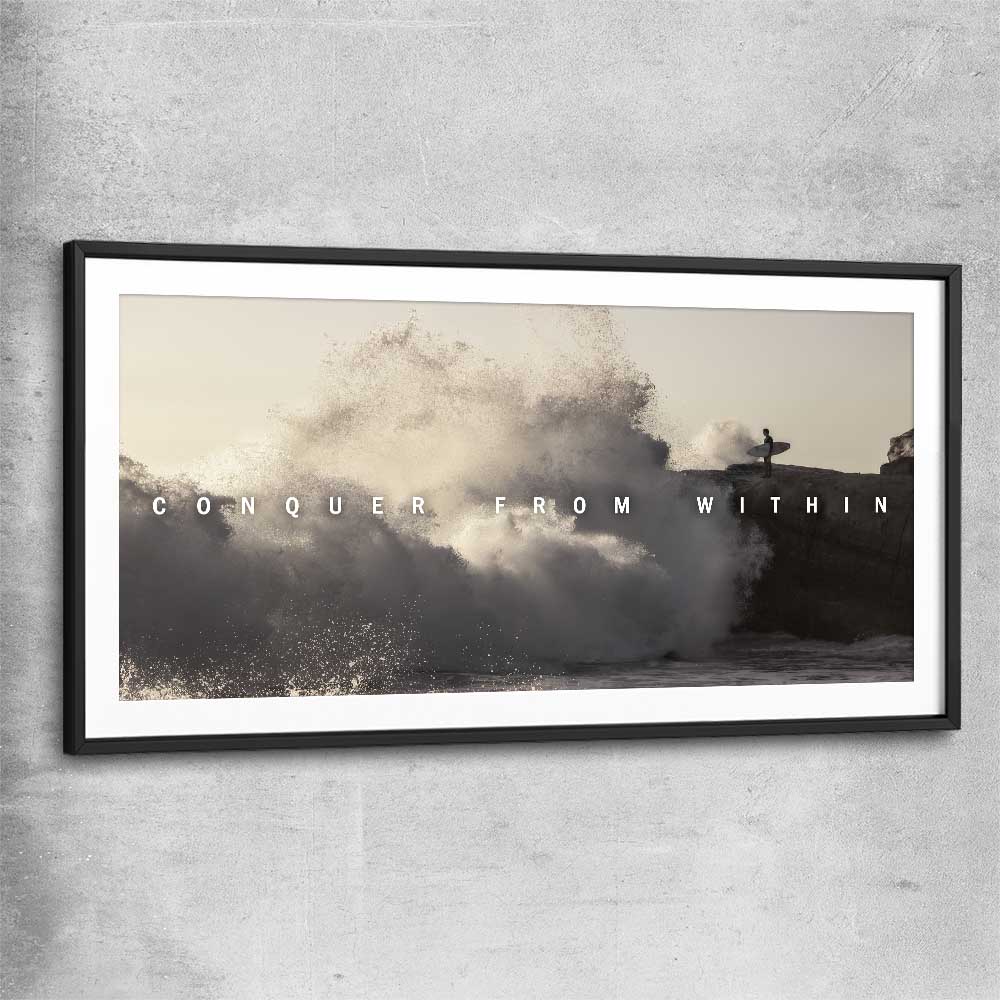 Inspirational wall art print of Conquer with black glass front frame