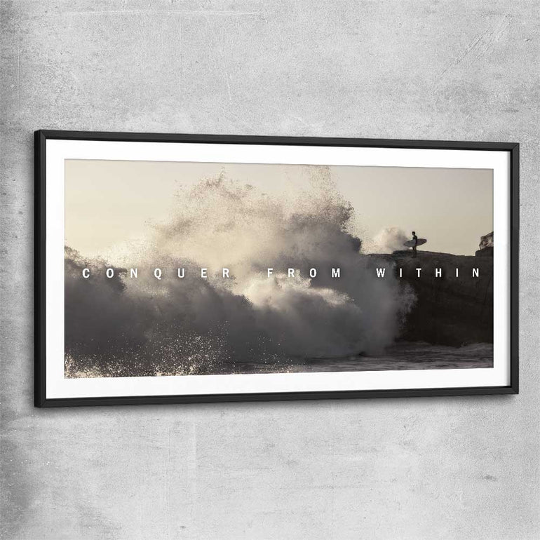 Inspirational wall art print of Conquer with black glass front frame