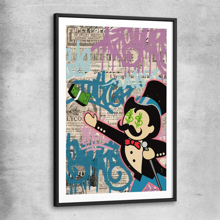 Moneybags Graffiti black glass front frame - part of our high quality fashion canvas wall art and prints collection