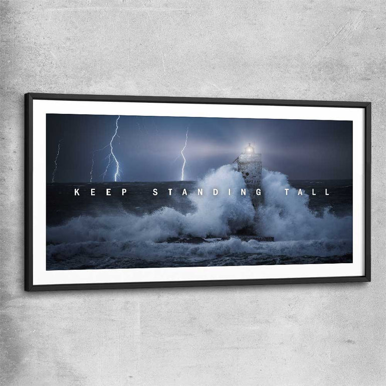 Inspirational wall art print of Stand Tall with black glass front frame