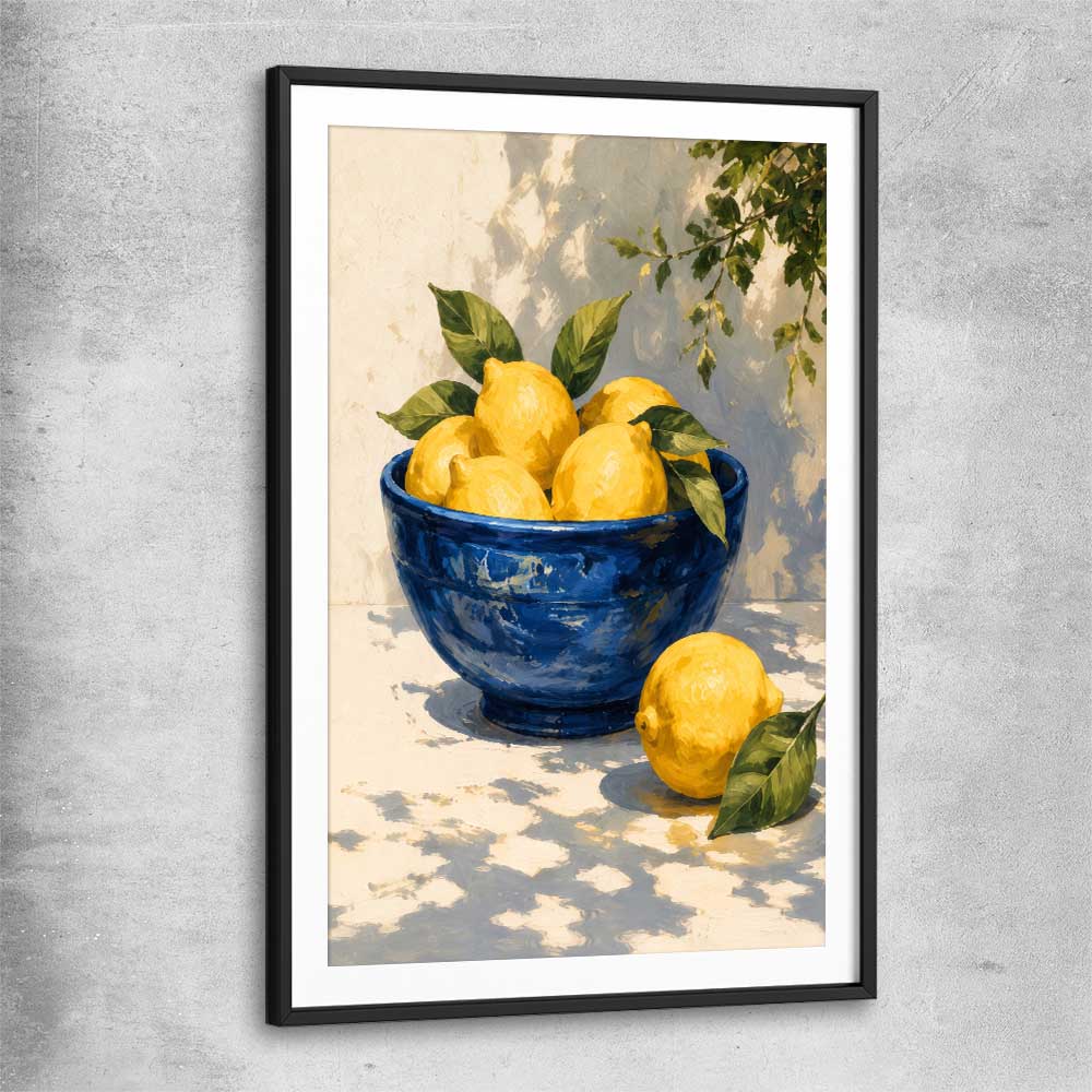 Amalfi Lemons black glass front frame is a colourful and stylish canvas wall art and print suited for the kitchen arean