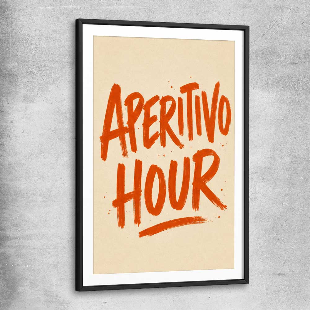 Aperitivo Hour black glass front frame is a colourful and stylish canvas wall art and print suited for the kitchen arean