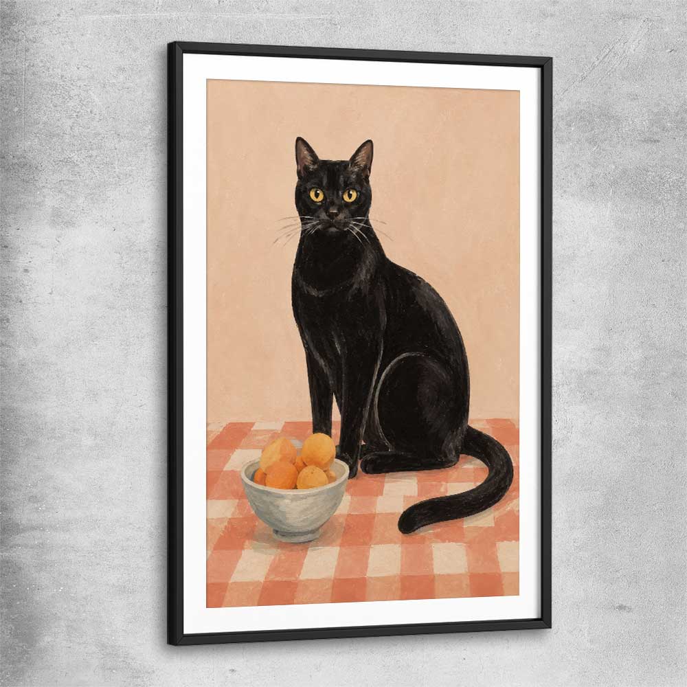 Black Cat and Peaches black glass front frame is a colourful and stylish canvas wall art and print suited for the kitchen arean