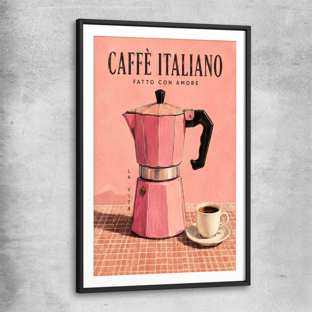 Caffe Italiano black glass front frame is a colourful and stylish canvas wall art and print suited for the kitchen arean