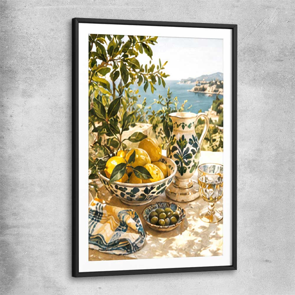 Citrus and Coast black glass front frame is a colourful and stylish canvas wall art and print suited for the kitchen arean