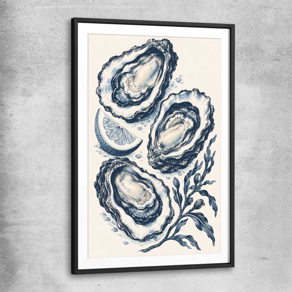 Coastal Indigo Oysters black glass front frame is a colourful and stylish canvas wall art and print suited for the kitchen arean