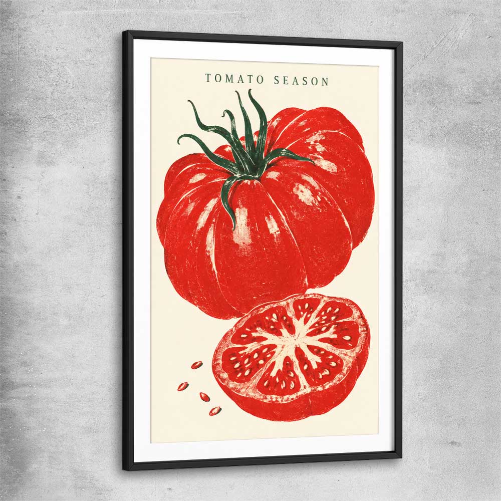 Heirloom Tomato Season black glass front frame is a colourful and stylish canvas wall art and print suited for the kitchen arean