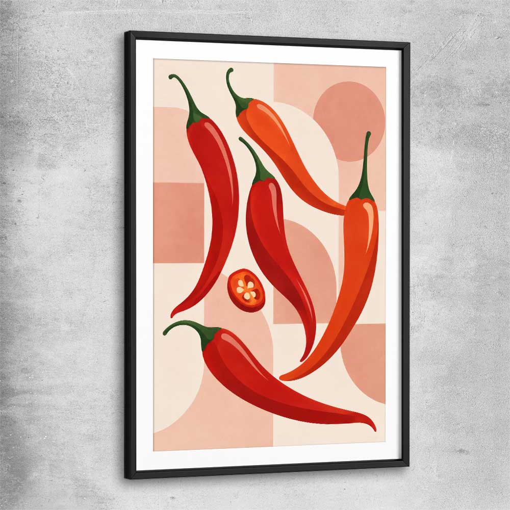 Scarlet Chilli Rhythm black glass front frame is a colourful and stylish canvas wall art and print suited for the kitchen arean