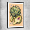 Sculptural Artichokes black glass front frame is a colourful and stylish canvas wall art and print suited for the kitchen arean